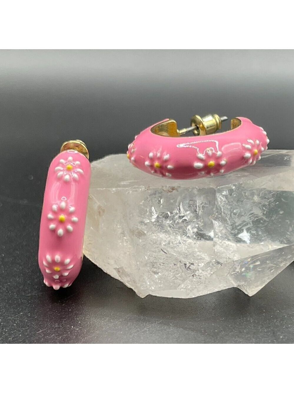 Pink Enamel Huggie Earrings Medium Hoop with Post #1342